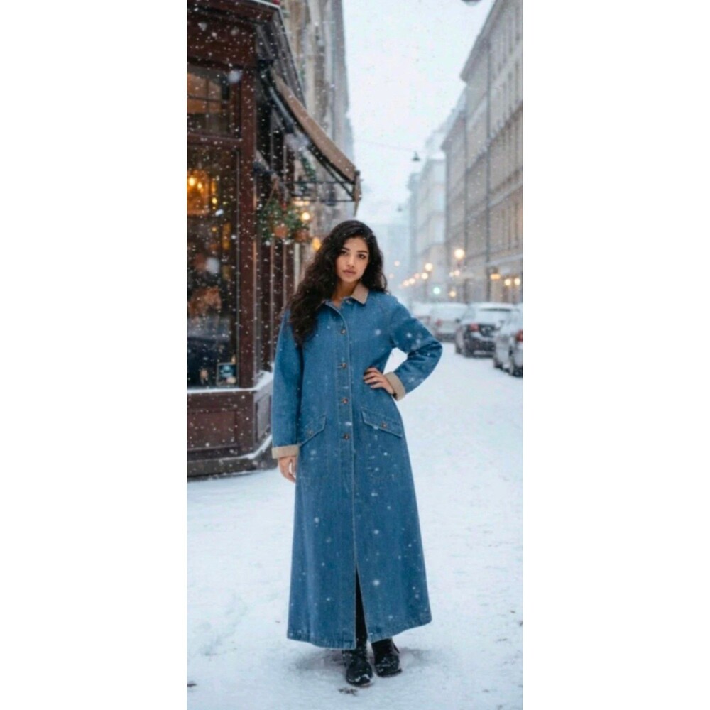 LL Bean Long Denim L Chore Coat Navajo Inspired Wool Blanket Lined Retro 80s - Picture 2 of 12